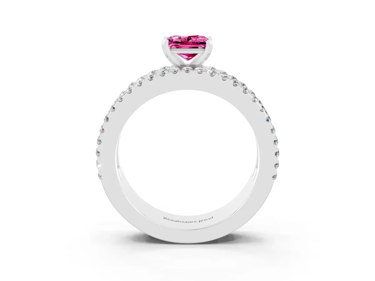 Princess Cut Pink Sapphire Solitaire Ring with Pavé and Channel Set Band White gold