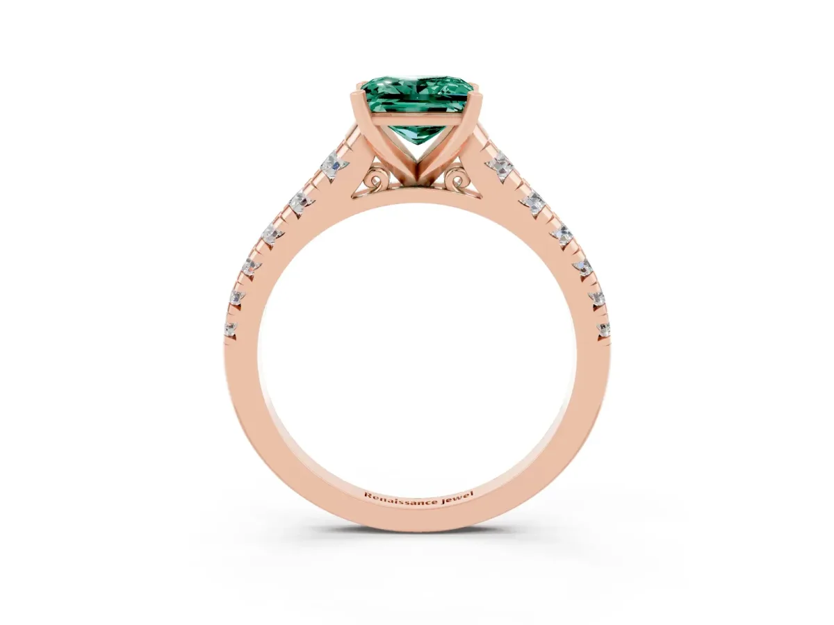 Princess Cut Green Sapphire Cathedral Solitaire Ring with Round Pavé Band Rose gold