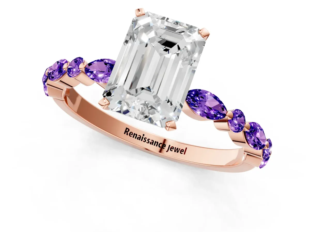 Emerald Cut Diamond Ring with Marquise and Round Tanzanite Side Stones and Four-Prong Setting Rose gold