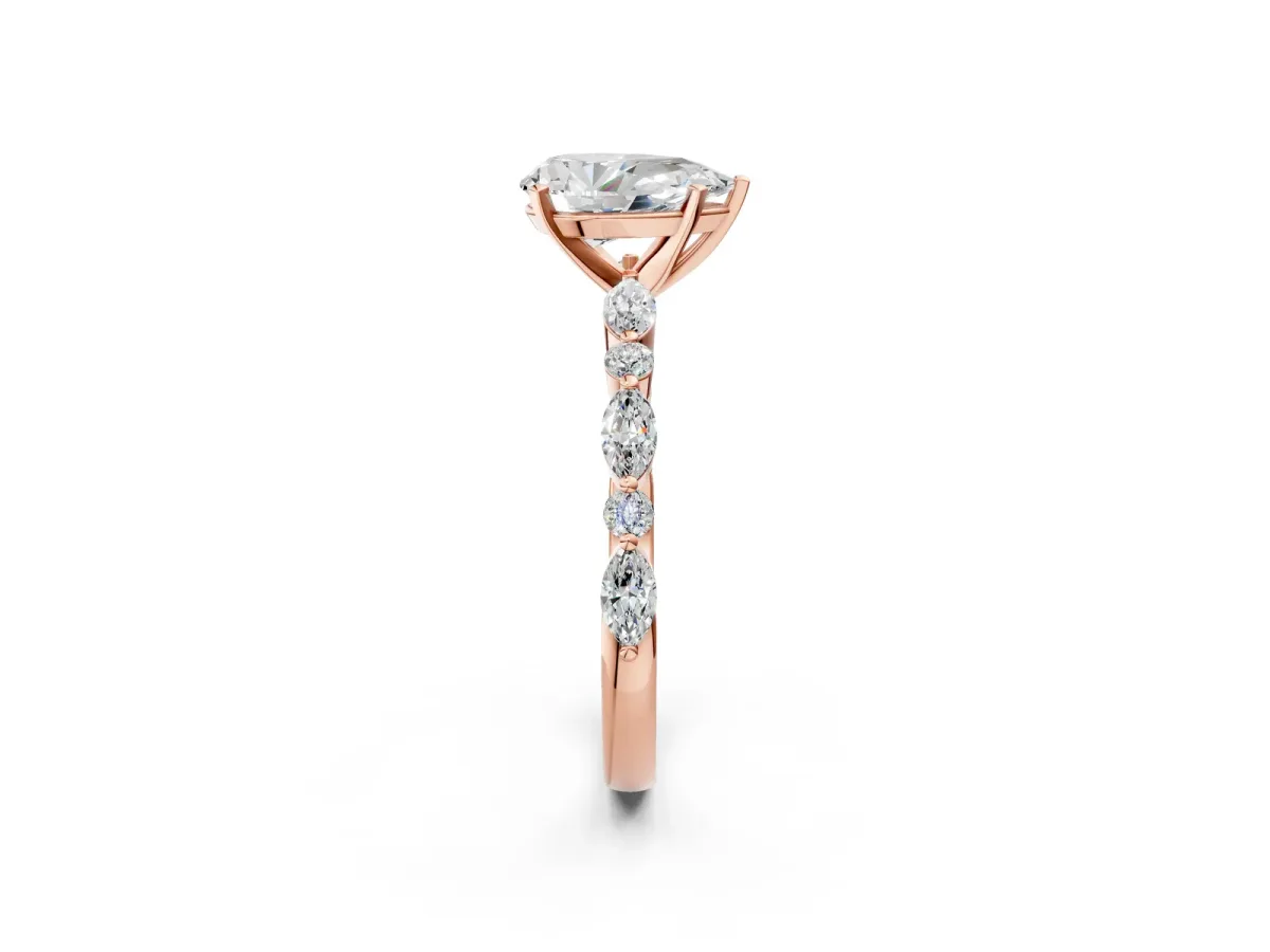 Pear Cut Diamond Ring with Marquise and Round Moissanite Side Stones and Four-Prong Setting Rose gold