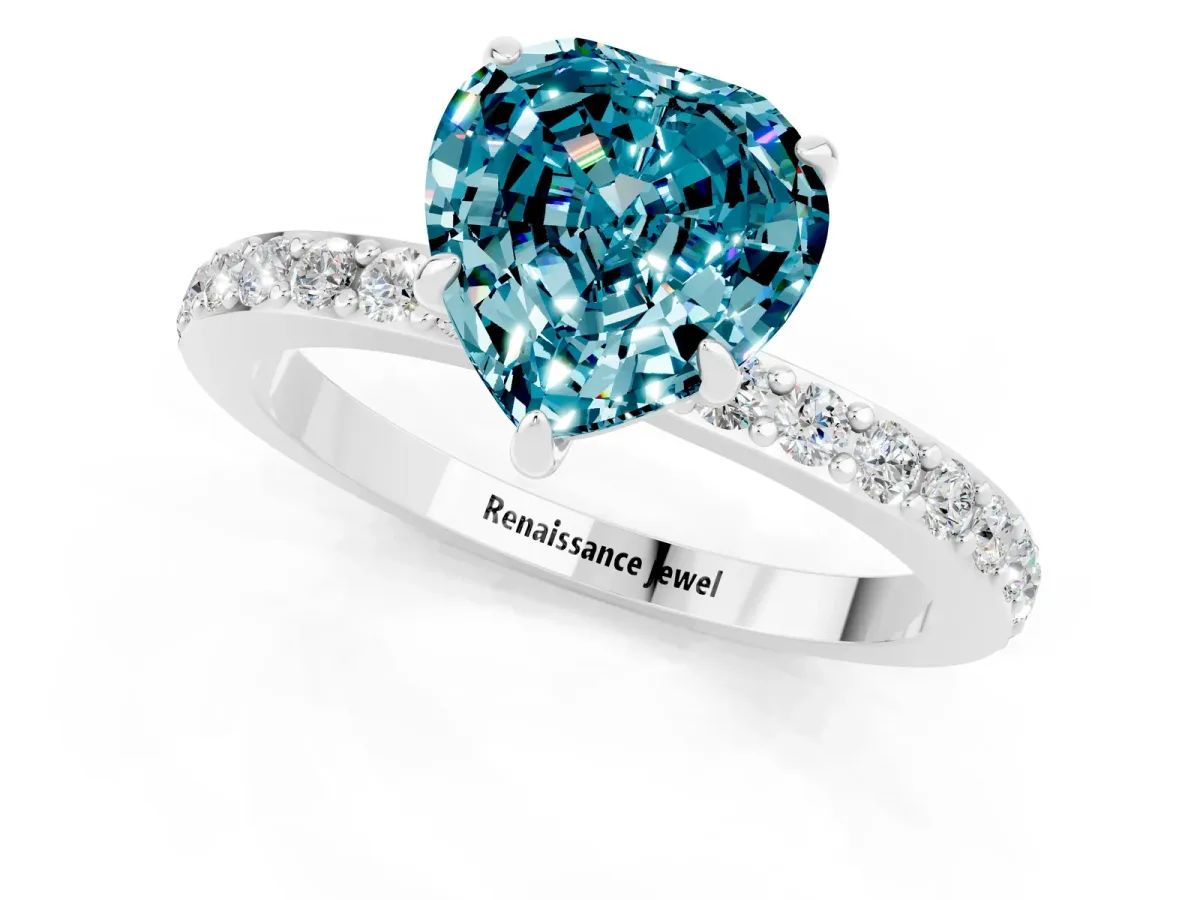 Heart Cut Blue Topaz Solitaire Engagement Ring with Pavé Band and Four-Prong Setting White gold