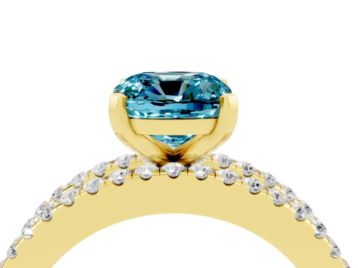 Cushion Cut Blue Topaz Solitaire Ring with Pavé and Channel Set Band Yellow gold