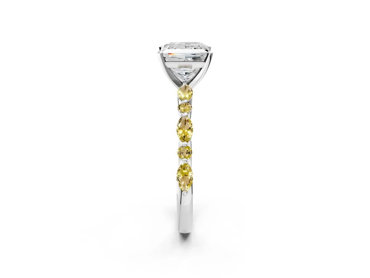 Princess Cut Diamond Ring with Marquise and Round Yellow Sapphire Side Stones and Four-Prong Setting Silver
