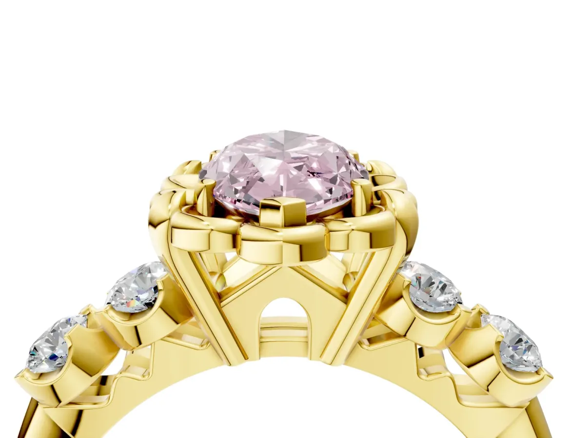 Fancy Pink Marquise Cut Cut Diamond Floral Halo Engagement Ring with Shared Prong Setting Yellow gold