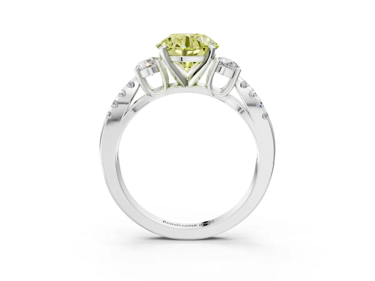 Fancy Yellow Round Cut Diamond Three-Stone Ring with Pavé Split Shank and Four-Prong Setting Silver