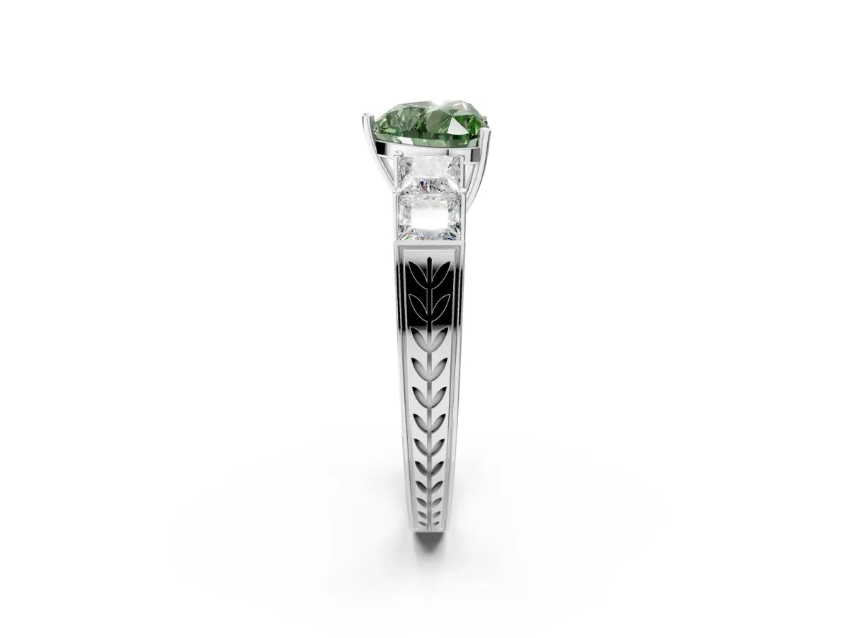 Fancy Green Heart Cut Solitaire Princess Side Stone Engraved Band Prong Setting Ring Silver