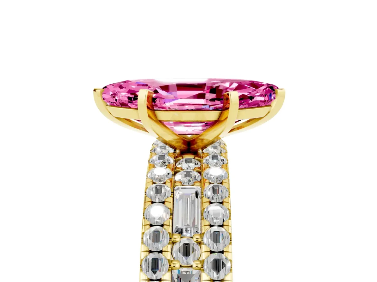 Marquise Cut Pink Sapphire Solitaire Ring with Pavé and Channel Set Band Yellow gold