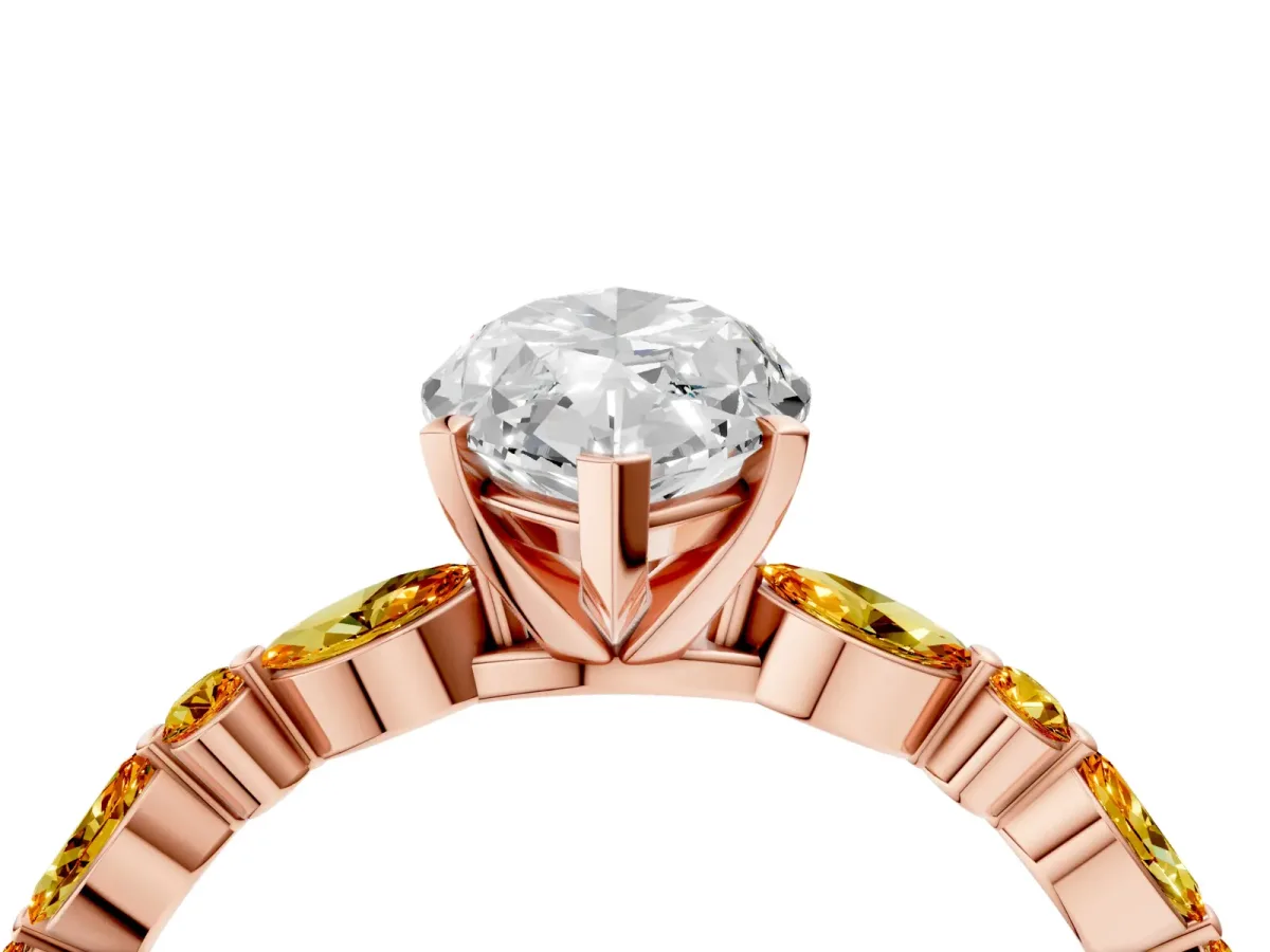 Marquise Cut Diamond Ring with Marquise and Round Citrine Side Stones and Four-Prong Setting Rose gold