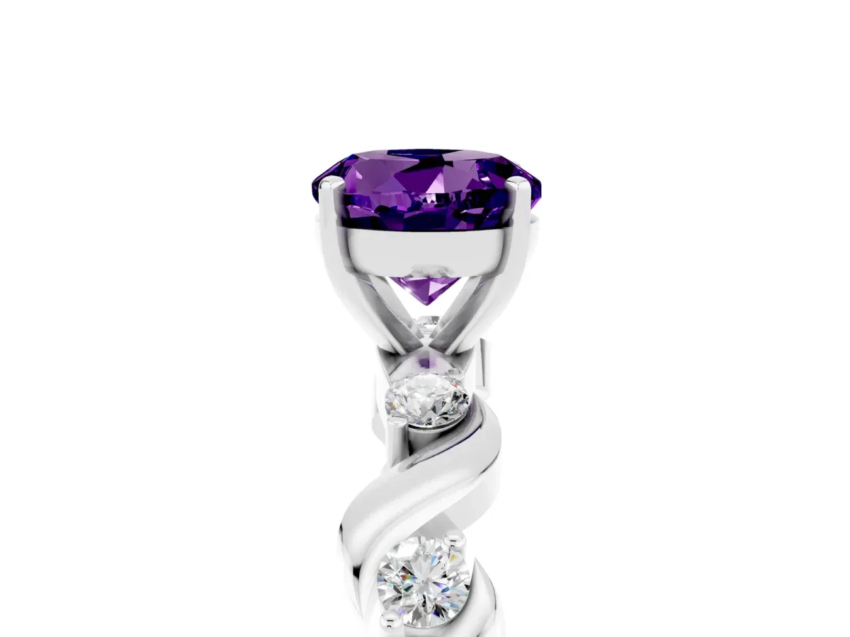 Round Cut Amethyst Solitaire Twisted Band with Round Accents and Prong Setting Silver