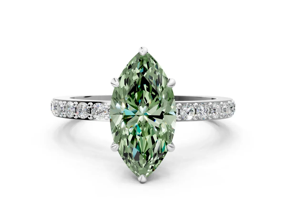 Fancy Green Marquise Cut Diamond Solitaire Engagement Ring with Pavé Band and Four-Prong Setting White gold