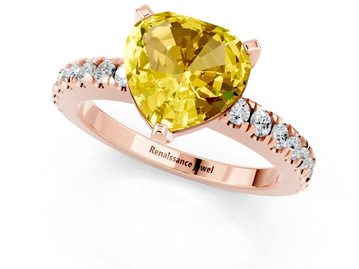 Heart Cut Solitaire Yellow Sapphire with Pavé Band and Four-Prong Setting Rose gold
