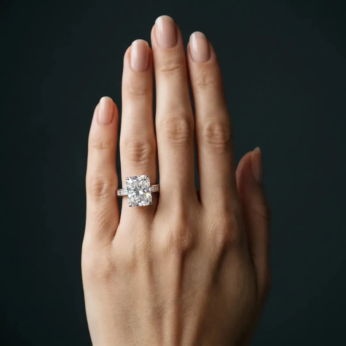 Radiant Cut Solitaire Diamond Ring with Channel-Set Baguette Band and Four-Prong Setting White gold