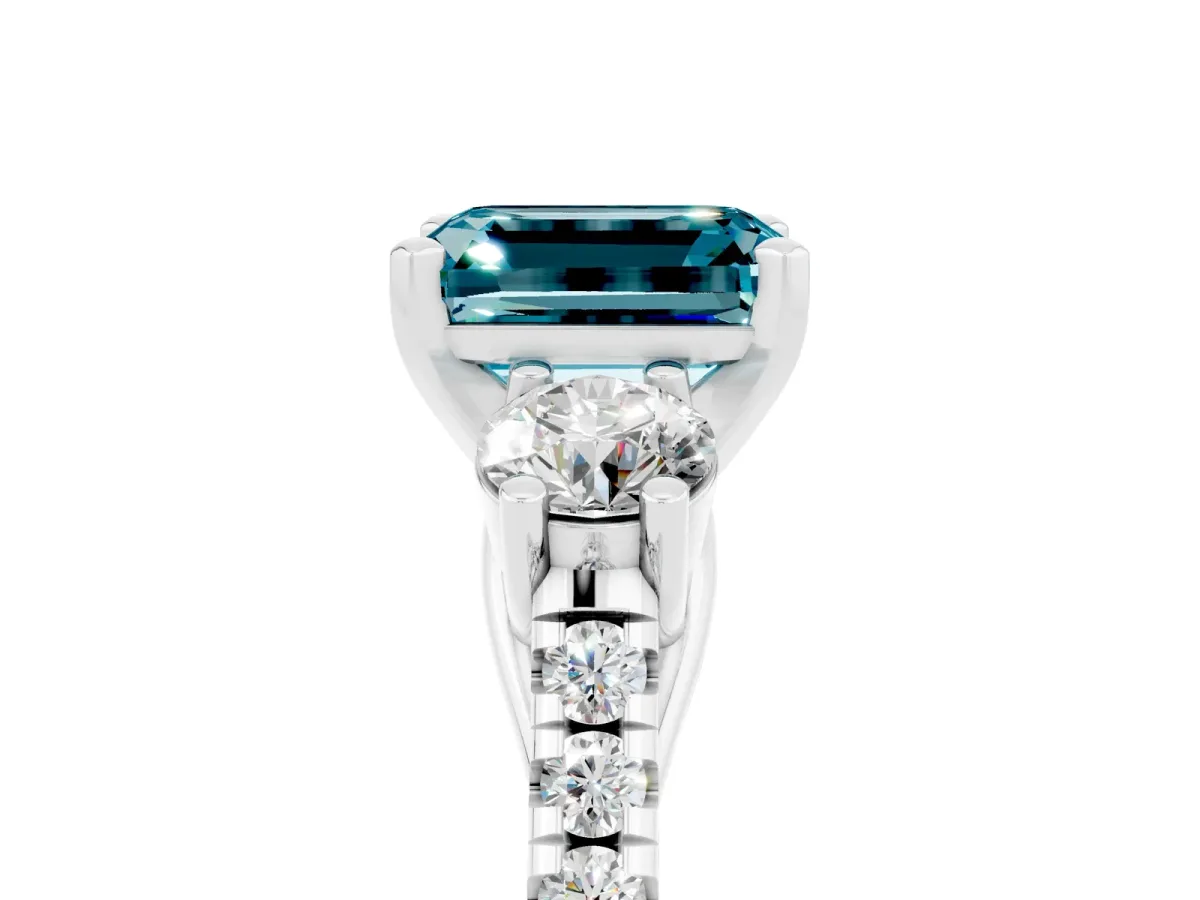 Three-Stone Emerald Cut Blue Topaz Pavé Band with Four-Prong Setting Silver