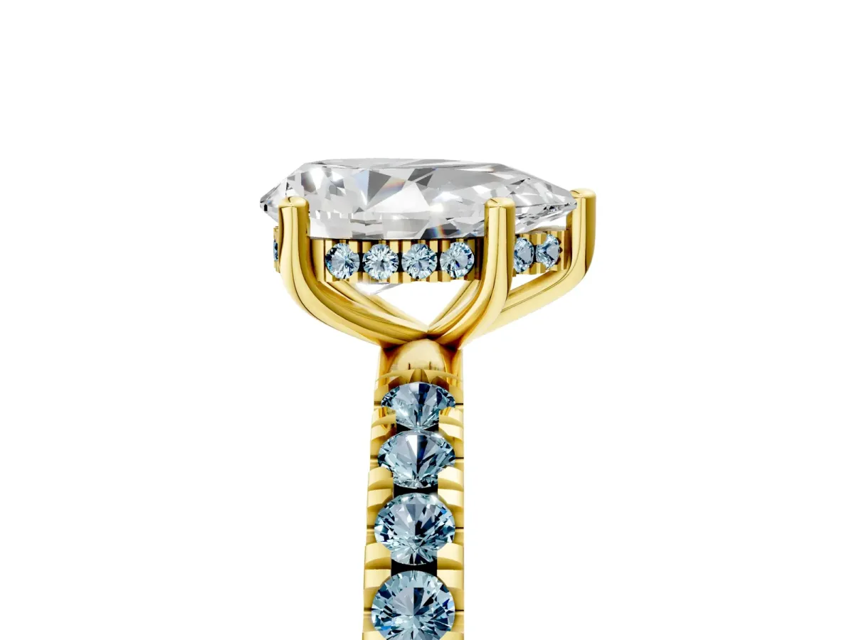 Pear Cut Diamond Pave Band Solitaire Ring with Round Aquamarine and Prong Setting Yellow gold