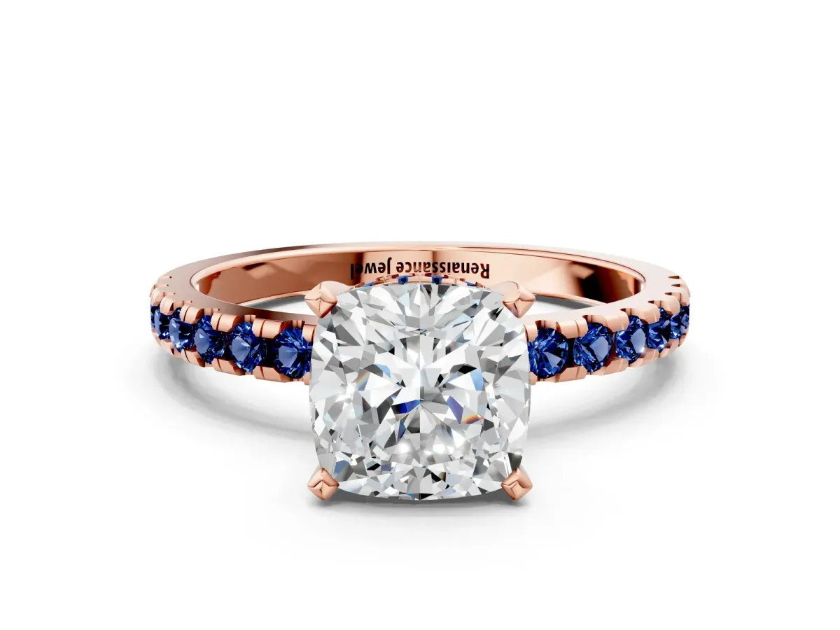 Cushion Cut Diamond Solitaire Ring with Round Blue Sapphire Pavé Band and Four-Prong Setting Rose gold
