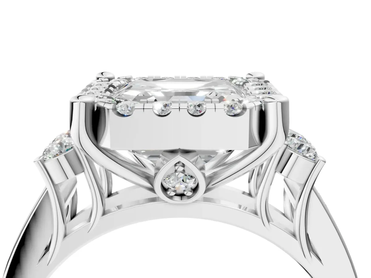 Asscher Cut Halo Diamond Engagement Ring with Split Shank and Four-Prong Setting Platinum