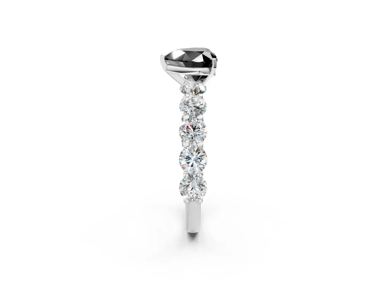 Fancy Black Heart Cut Diamond Prong Setting with Side Stones on a Pave Band Silver