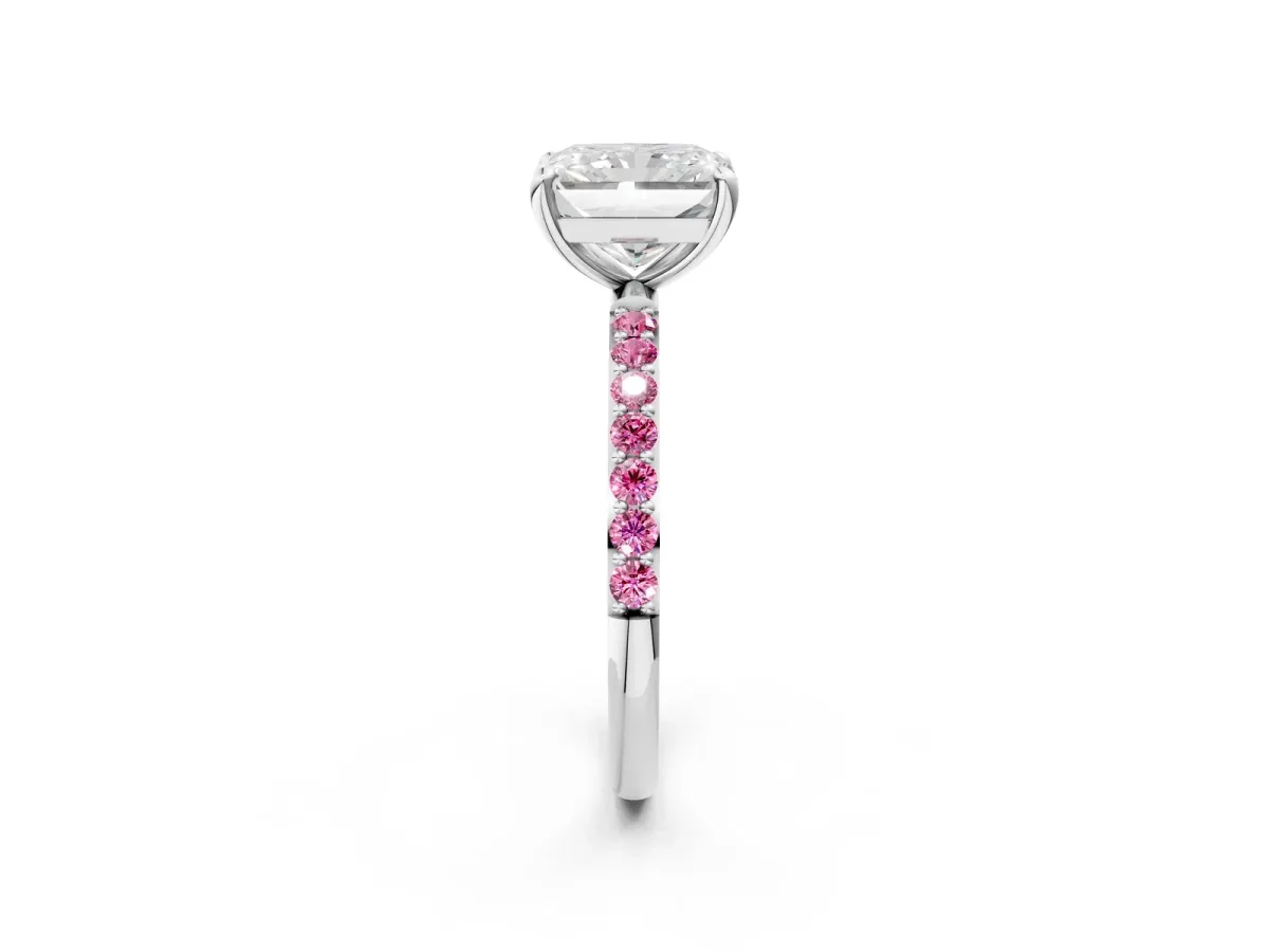 Radiant Cut Diamond Solitaire Ring with Round Pink Sapphire Pavé Band and Prong Setting White gold