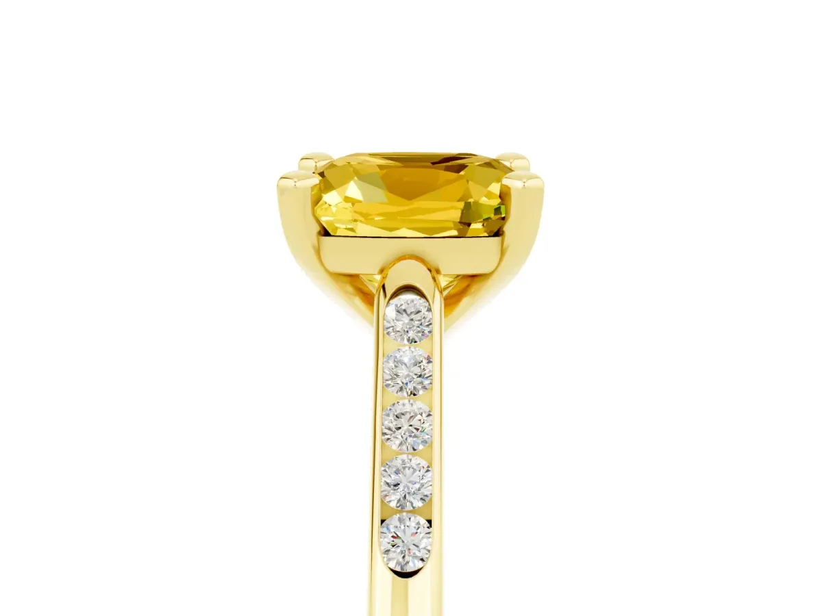 Cushion Cut Yellow Sapphire Solitaire Ring with Channel Set Round Band and Prong Setting Yellow gold