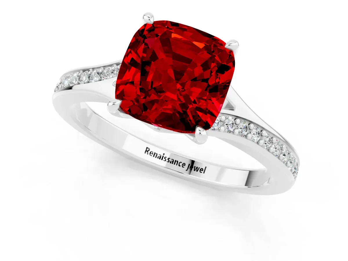 Cushion Cut Ruby Solitaire Ring with Pavé Band and Prong Setting Silver