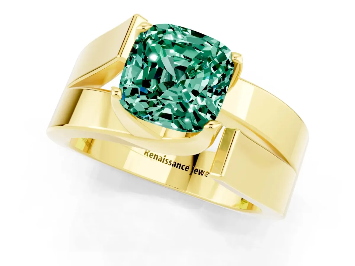 Modern Tension Set Cushion Cut Green Sapphire Solitaire Wide Band Ring Yellow gold