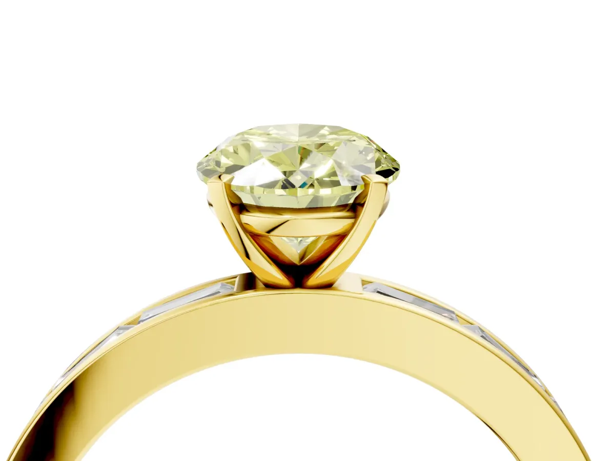 Fancy Yellow Oval Cut Solitaire Diamond Ring with Channel-Set Baguette Band and Four-Prong Setting Yellow gold