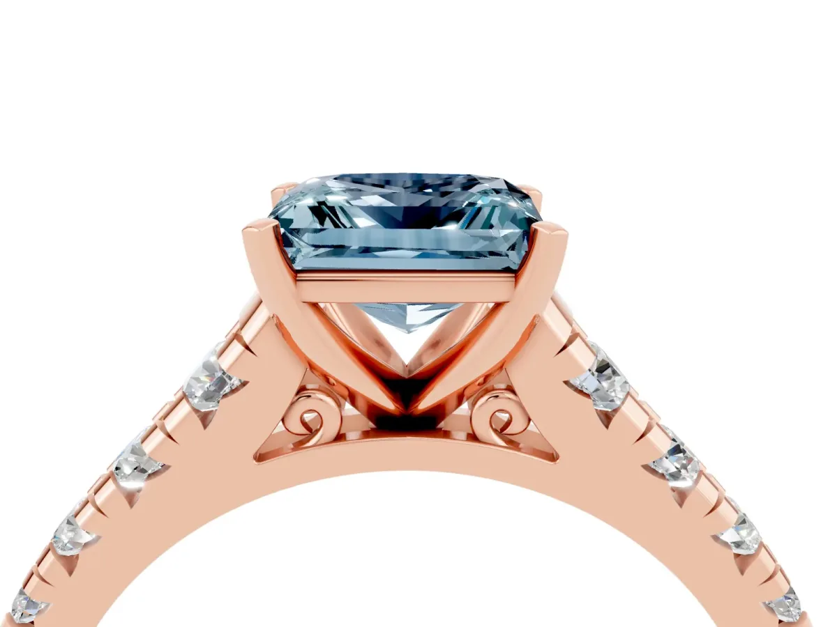 Princess Cut Aquamarine Cathedral Solitaire Ring with Round Pavé Band Rose gold