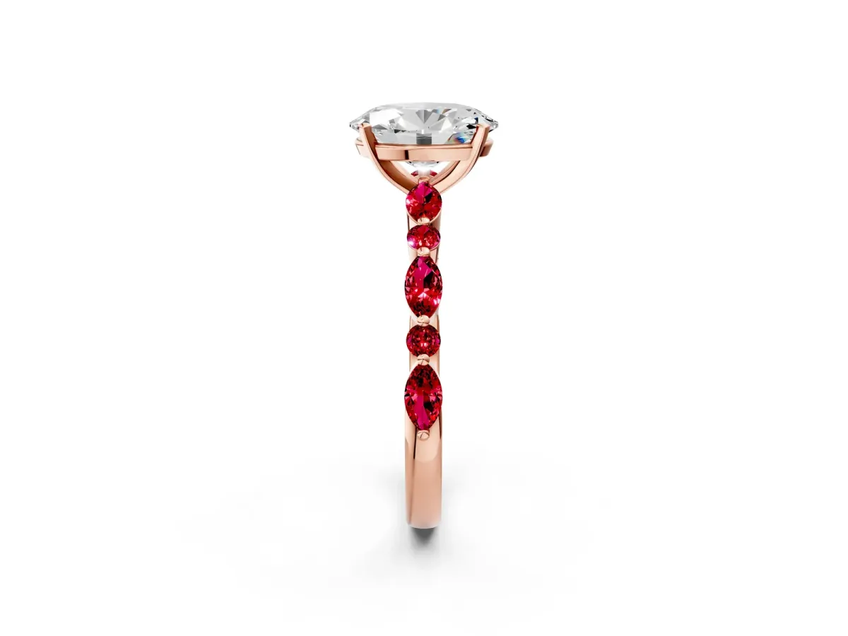 Oval Cut Diamond Ring with Marquise and Round Ruby Side Stones and Four-Prong Setting Rose gold