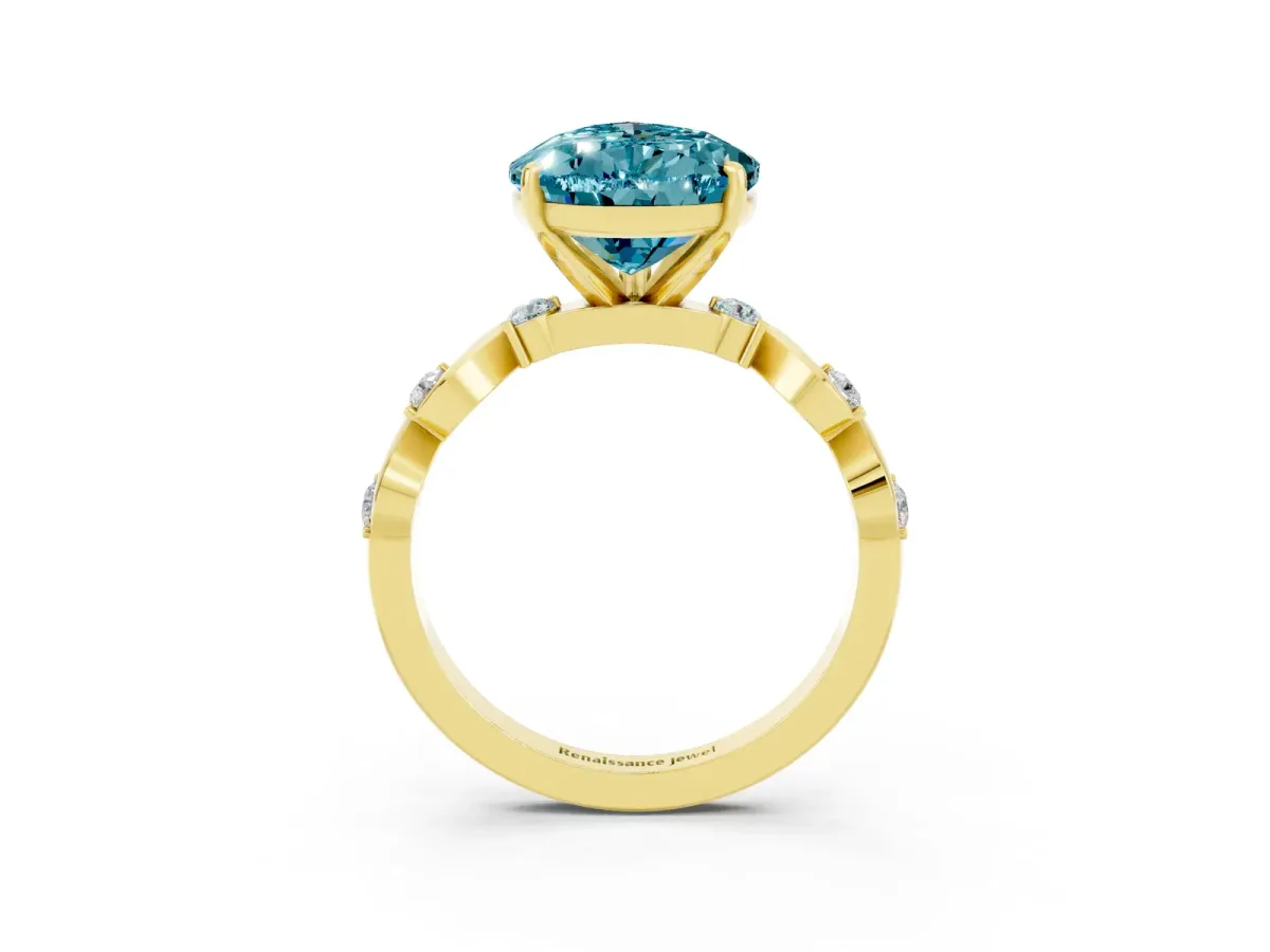 Pear Cut Blue Topaz Solitaire Twisted Band with Round Accents and Prong Setting Yellow gold