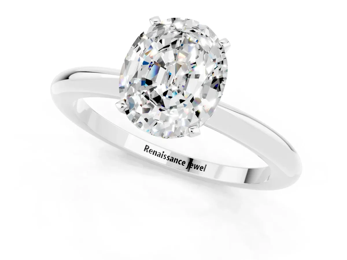 Oval Cut Moissanite Solitaire Ring with Six-Prong Setting and Classic Band Platinum