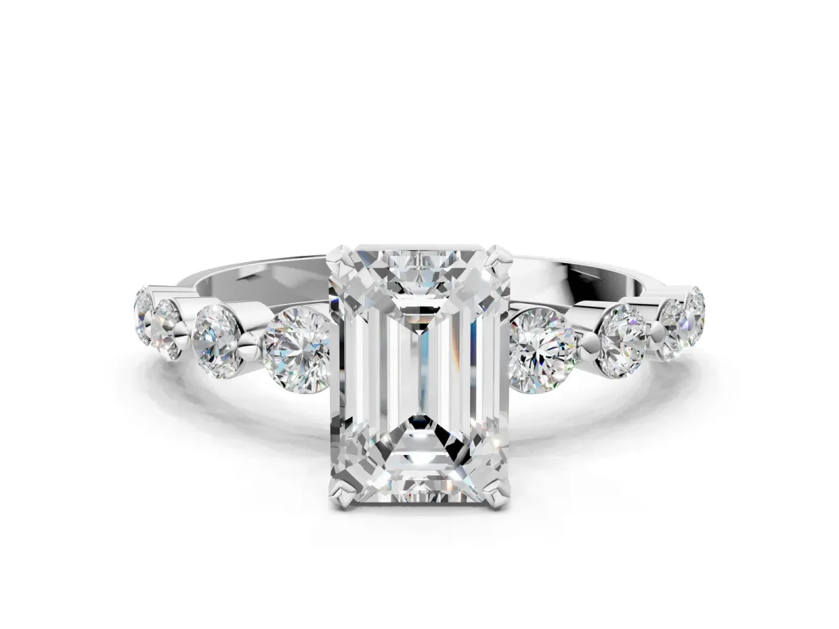 Emerald Cut Solitaire Diamond Ring with Pave Band and Four-Prong Setting Platinum