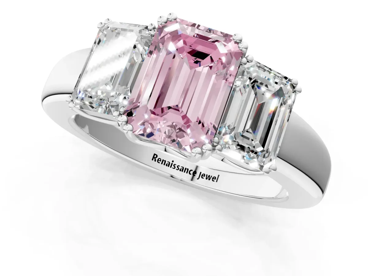 Fancy Pink Three-Stone Emerald Cut Cut Diamond Ring with Channel Set Band and Four-Prong Setting Platinum