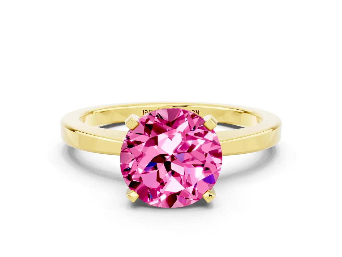 Round Cut Pink Sapphire Solitaire Engagement Ring with Classic Band and Four-Prong Setting Yellow gold