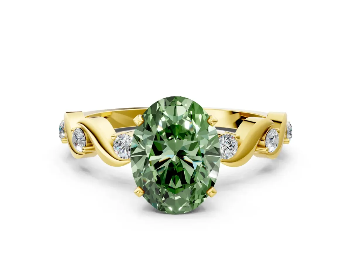 Fancy Green Oval Cut Diamond Solitaire Twisted Band with Round Accents and Prong Setting Yellow gold