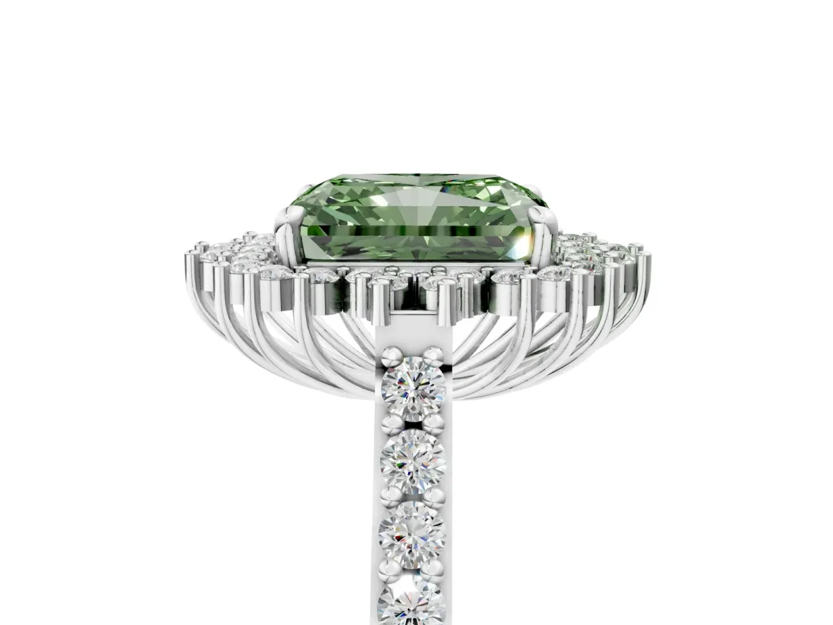 Fancy Green Radiant Cut Cut Diamond Sunburst Halo Engagement Ring with Pavé Band Platinum