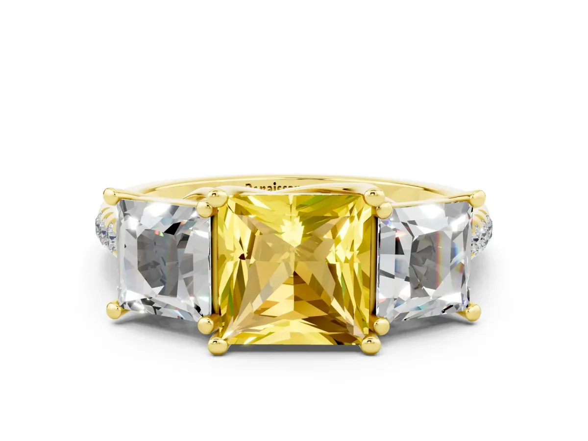 Three-Stone Princess Cut Yellow Sapphire Ring with Round Pavé Band and Prong Setting Yellow gold