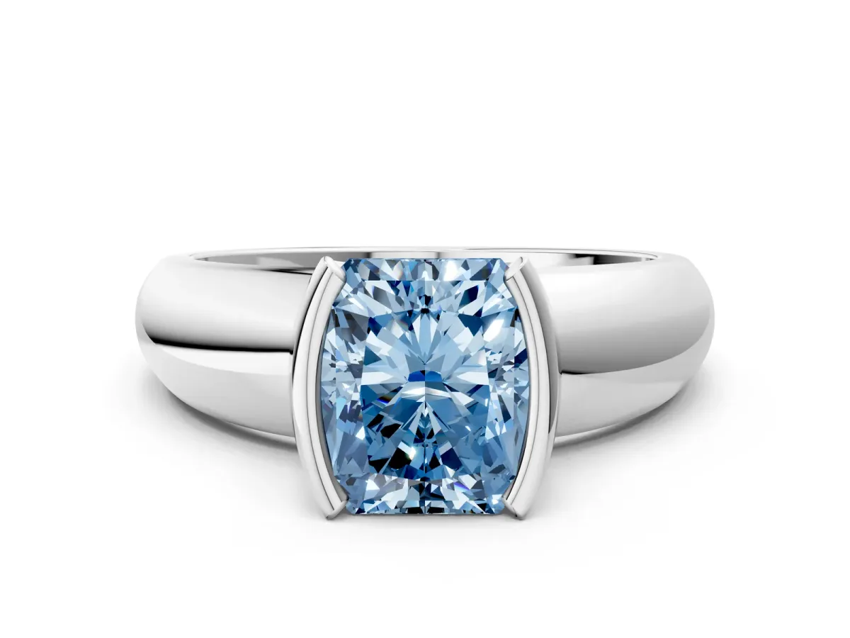 Fancy Blue Radiant Cut Solitaire Tension Set Diamond Ring with Wide Band Platinum
