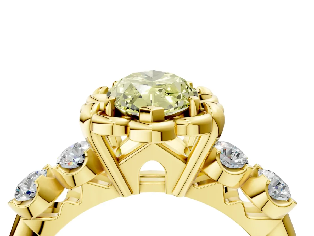 Fancy Yellow Marquise Cut Cut Diamond Floral Halo Engagement Ring with Shared Prong Setting Yellow gold