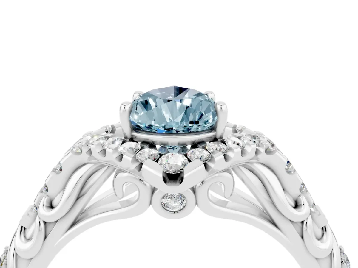 Pear Cut Aquamarine Solitaire Ring with Hidden Halo and Pavé Band White gold