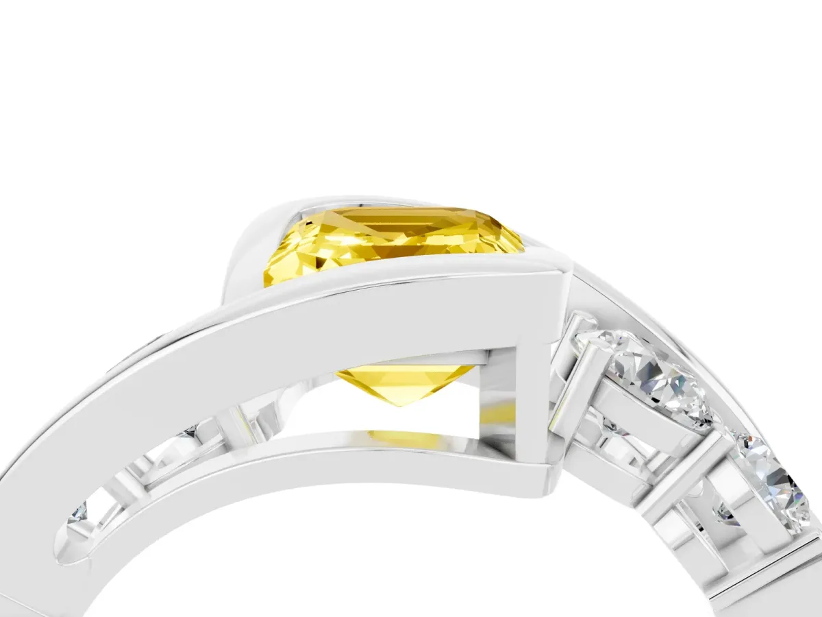 Bezel Set Emerald Cut Yellow Sapphire Bypass Ring with Round Accents Silver