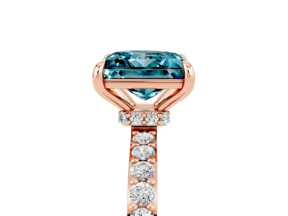 Princess Cut Blue Topaz Solitaire Engagement Ring with Pavé Band and Four-Prong Setting Rose gold