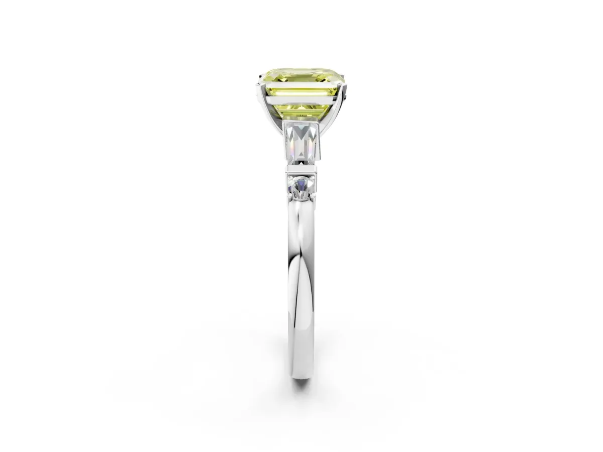 Fancy Yellow Asscher Cut Cut Diamond Ring with Baguette Side Stones, Channel Set Band, and Four-Prong Setting Platinum