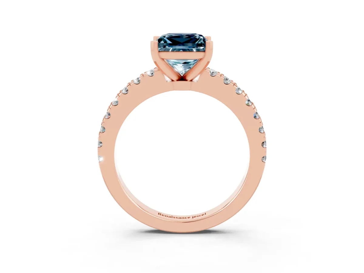 Princess Cut Solitaire Aquamarine with Pavé Band and Four-Prong Setting Rose gold