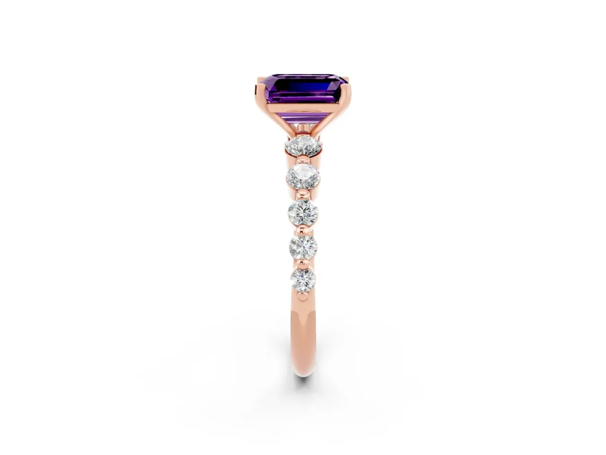 Emerald Cut Solitaire Amethyst Ring with Pave Band and Four-Prong Setting Rose gold