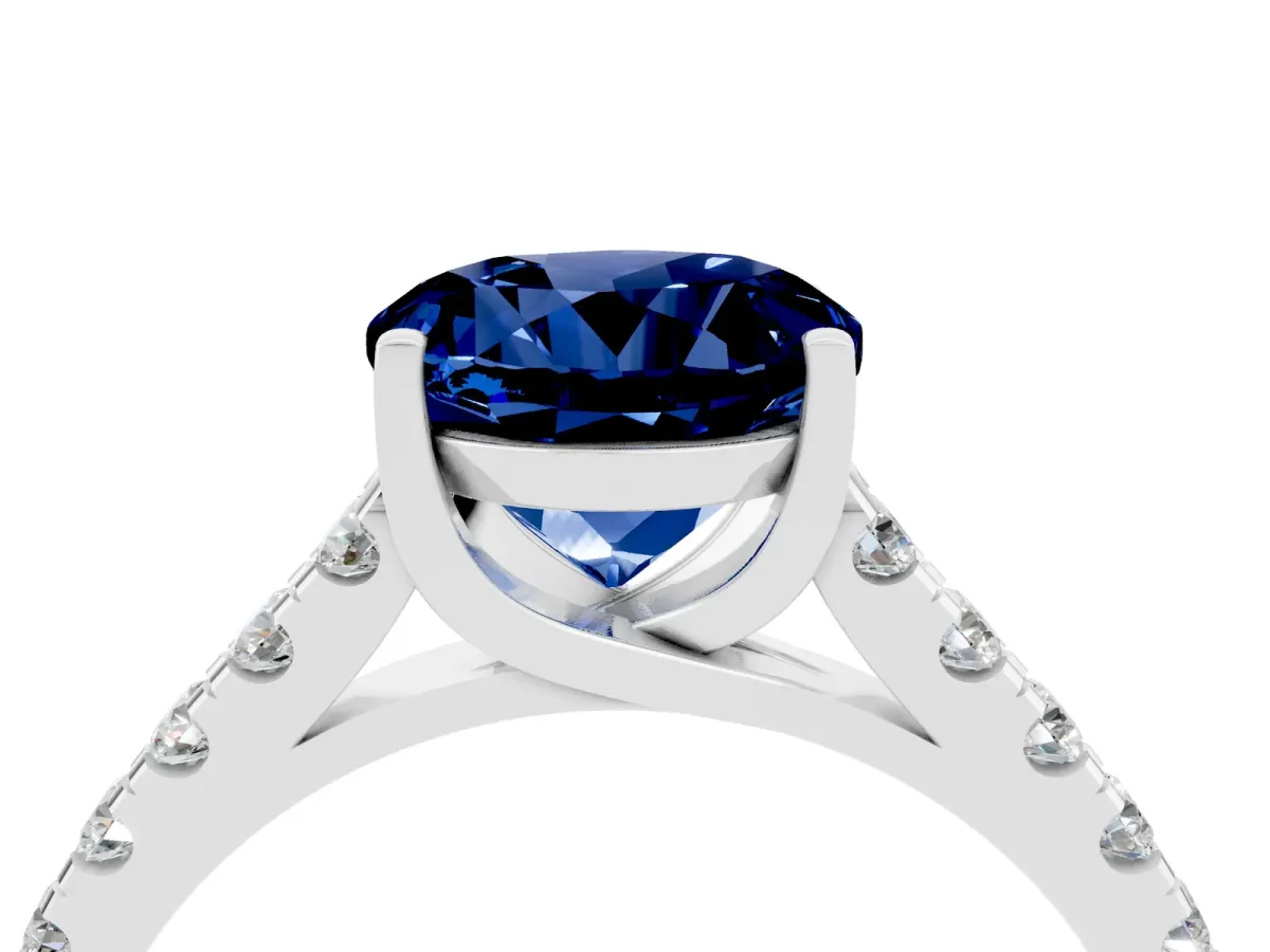 Round Cut Blue Sapphire Pavé Band Solitaire Ring with Prong Setting White gold