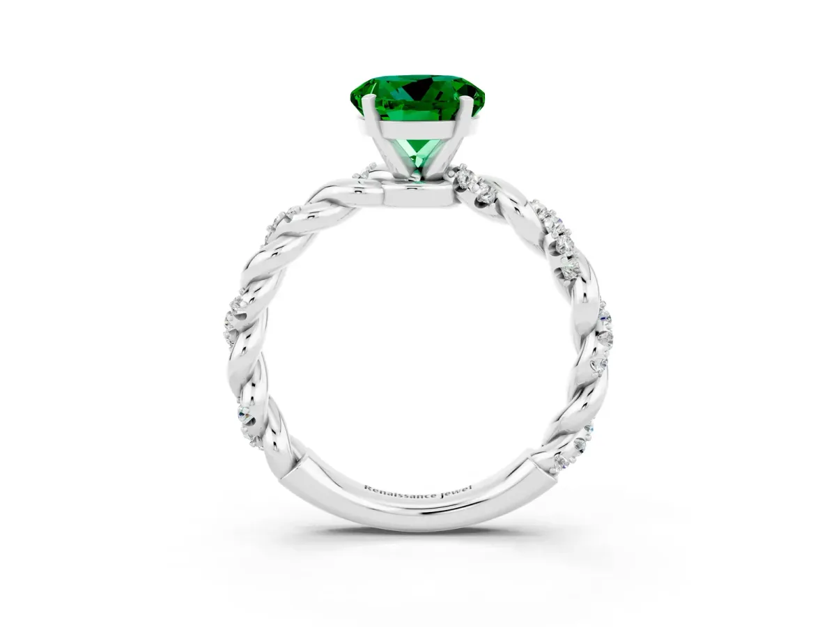 Round Cut Emerald Solitaire Ring with Twisted Band and Pavé Accents Silver