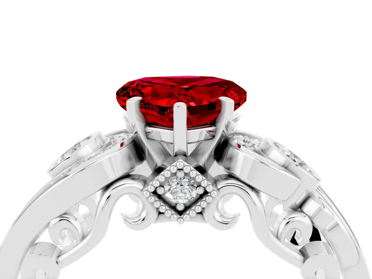 Heart Cut Ruby Solitaire Ring with Milgrain Pavé Band and Four-Prong Setting Platinum