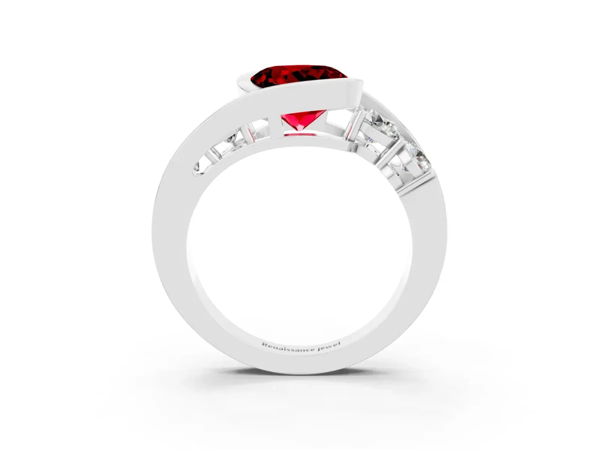 Bezel Set Round Cut Ruby Bypass Ring with Round Accents Silver