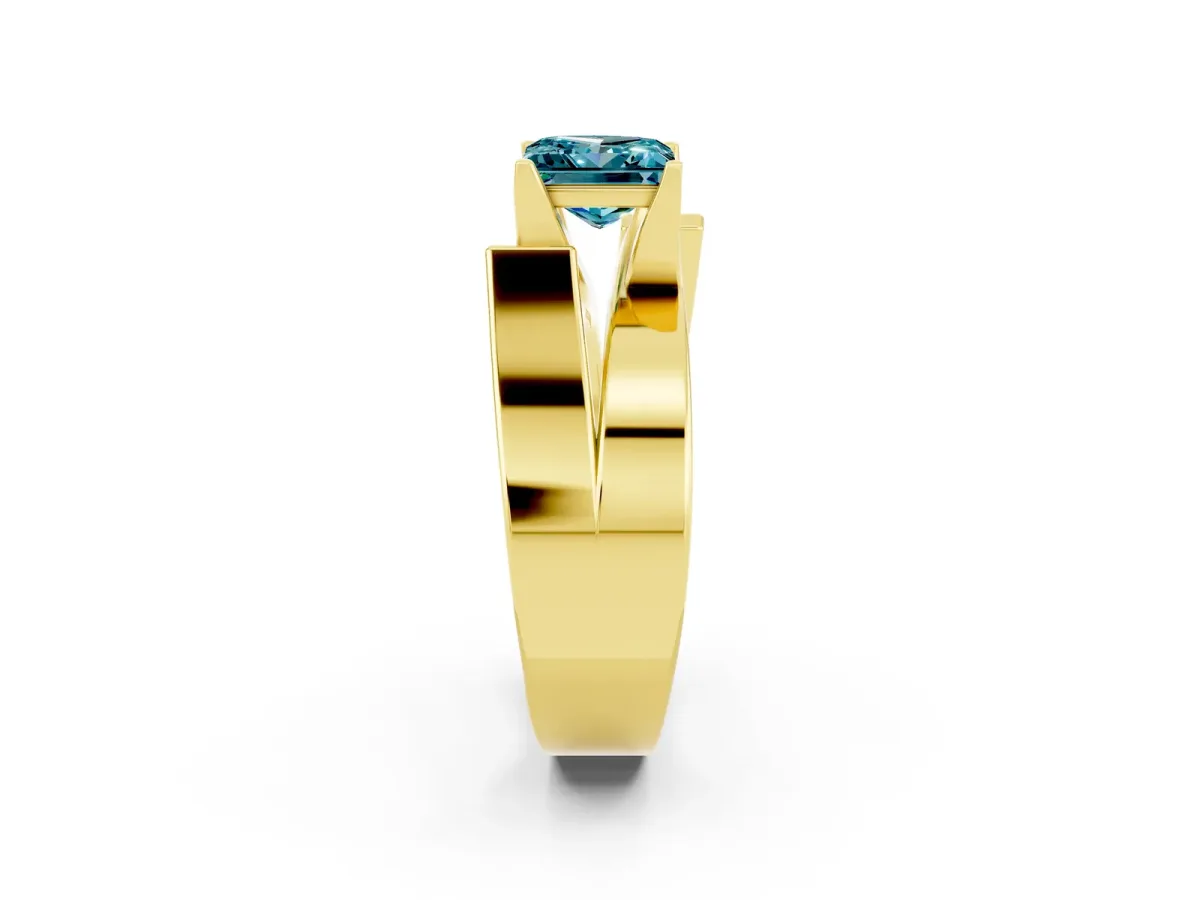 Modern Tension Set Princess Cut Blue Topaz Solitaire Wide Band Ring Yellow gold