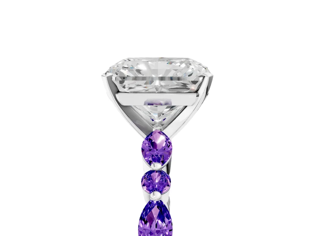 Radiant Cut Diamond Ring with Marquise and Round Tanzanite Side Stones and Four-Prong Setting White gold